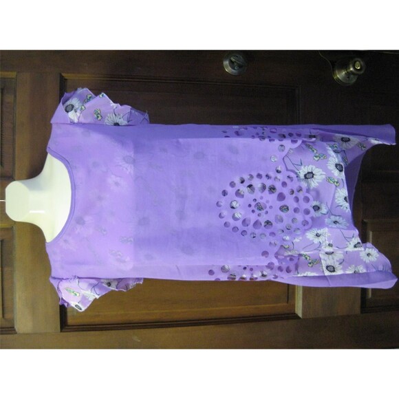 Stylish Scoop Collar Short Sleeve-Light Purple Floral Print Blouse For Women - Picture 2 of 4